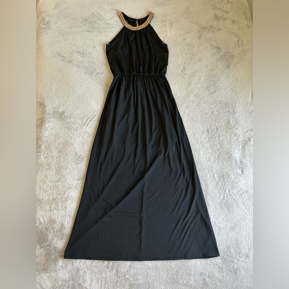 Gold Rhinestone Halter Neck Maxi Dress